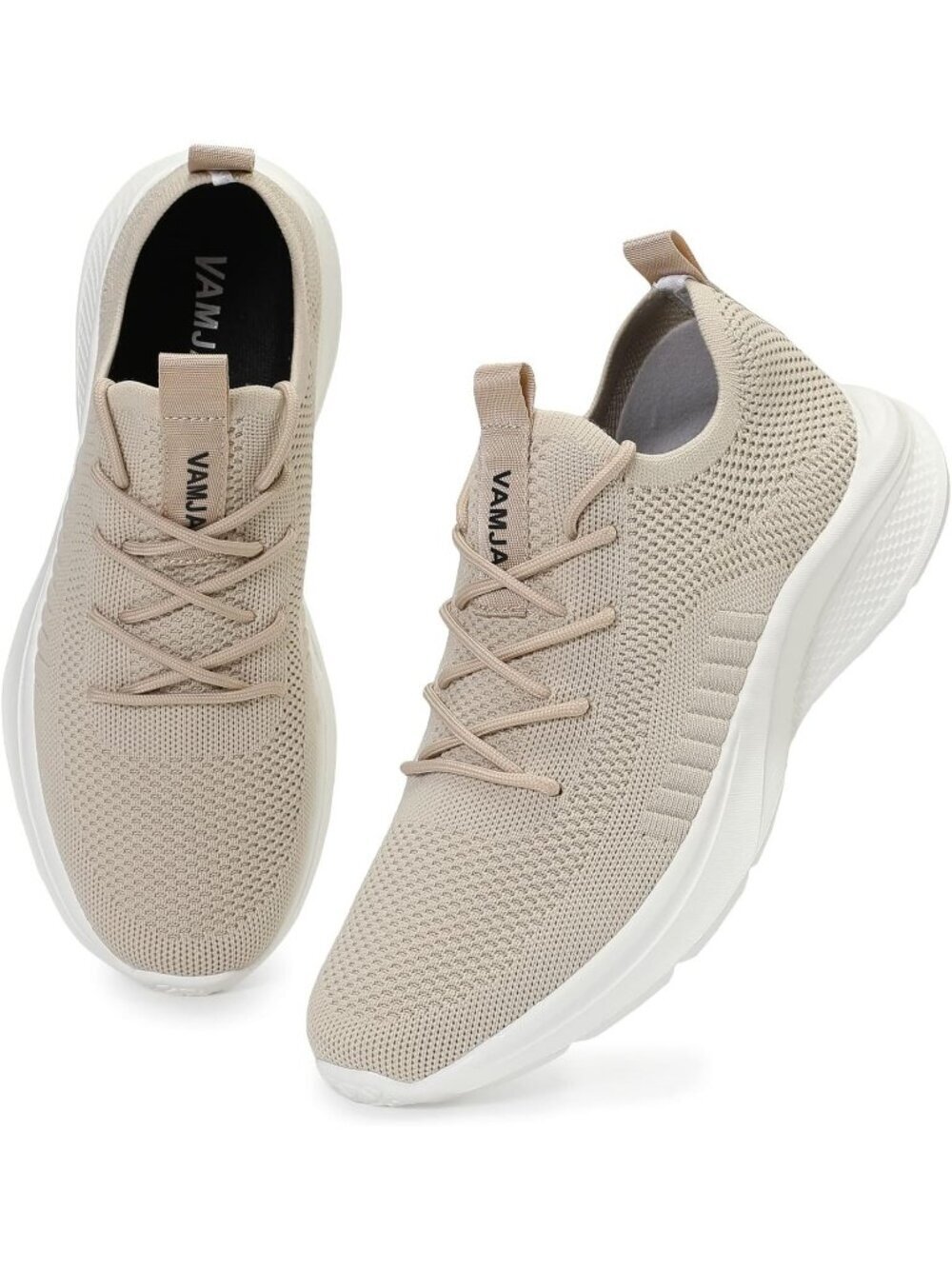 Men's Off White Lightweight Breathable Flying Knitting Lace Up  Walking Sneaker